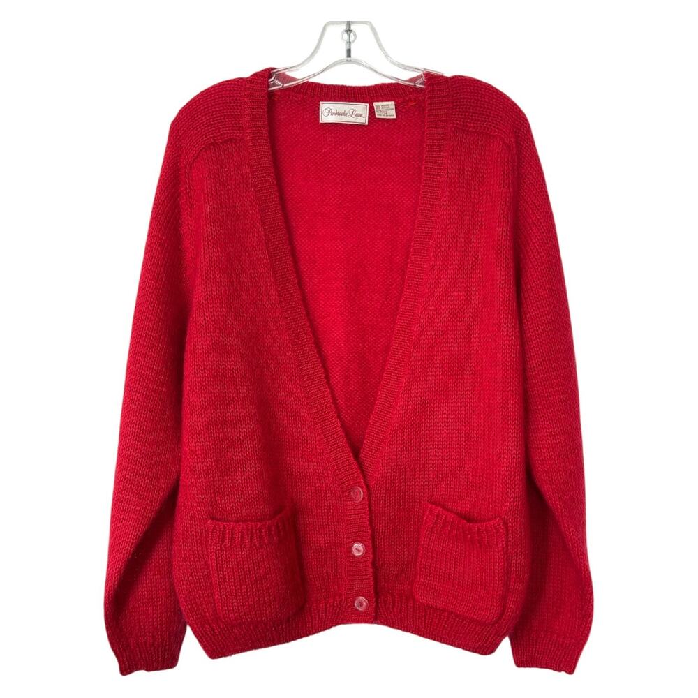 Vintage 80s Mohair Blend Red Boyfriend Cardigan Retro Grandpa Sweater M